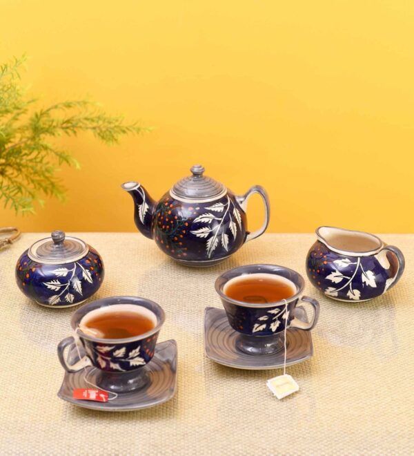Blooming Leaves Royal Blue Ceramic 4 Pcs Tea Set,