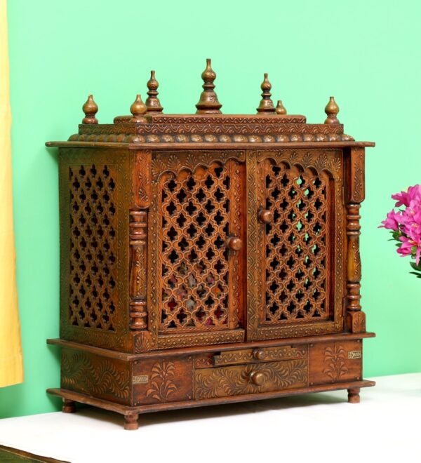 Copper Finish Sheesham Wood & MDF Floor Rested Mandir